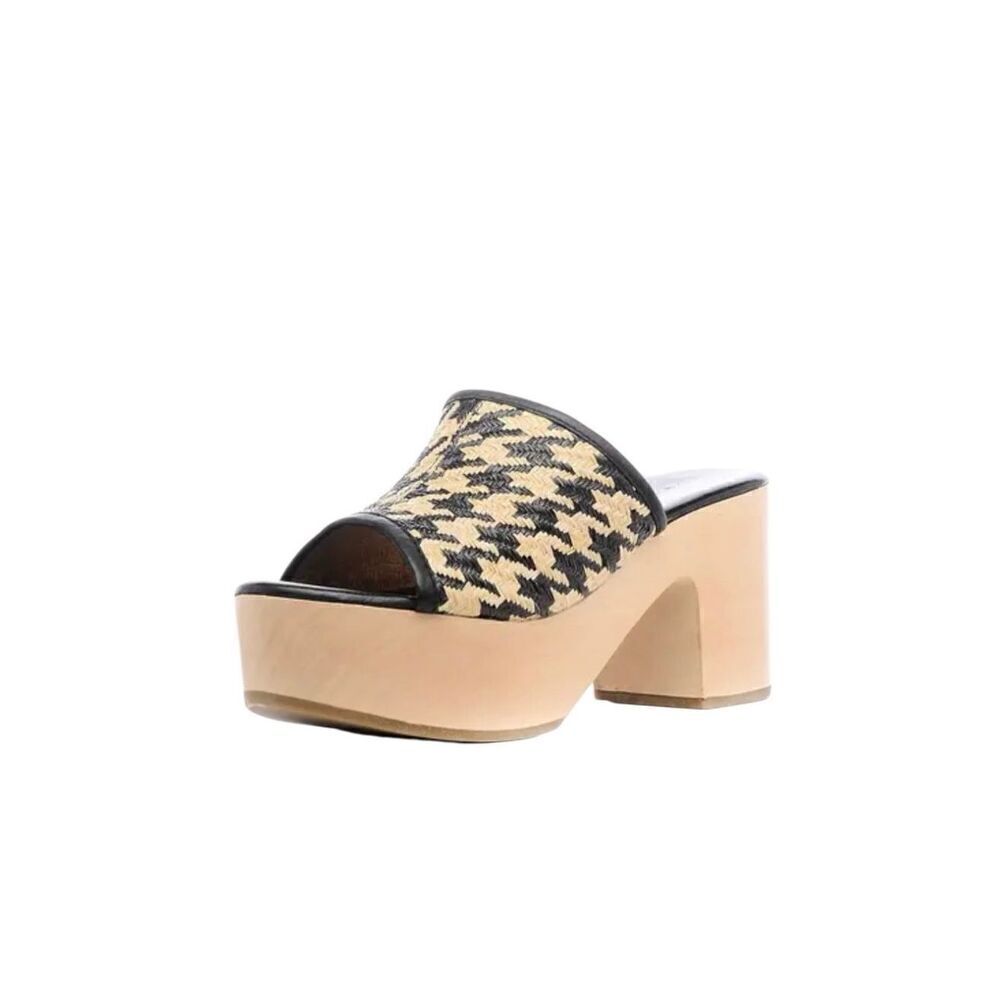 Logan Open Toe Leather‎ Raffia Houndstooth Wooden Clog Black Cream Size 36